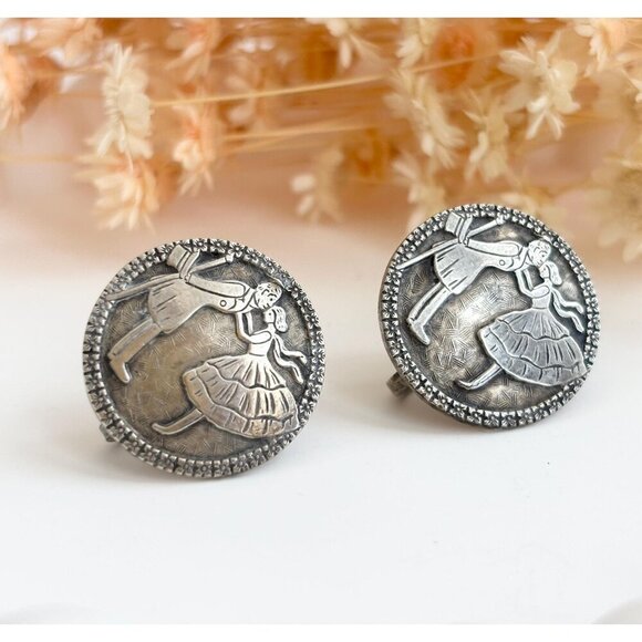 Handmade 30's Antique Courting Couple Sterling Silver Screw Back Vintage Studs - Picture 1 of 8